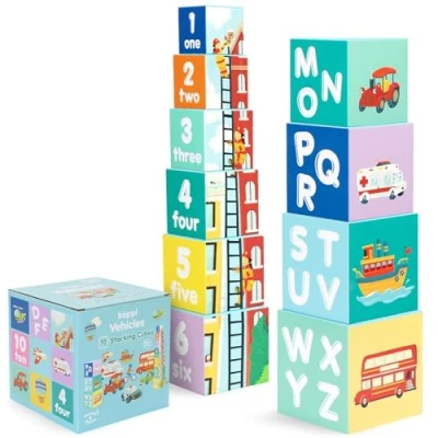 Image de boppi Blocs Empilables pour Enfants 10 avec Images, Chiffres, Lettres et Véhicules Jouet Montessori en Carton Écologique Âges 1 Plus