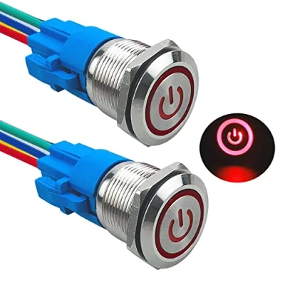 Image de Aiqeer 2 Pièces 19 mm Commutateur Bouton Poussoir Auto Bloquant, 12V / 24V 5A Interrupteur à en Acier Inoxydable Étanche IP67, avec Prise Pré Câblée (LED Rouge)