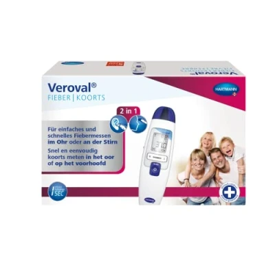 Image de Veroval Thermomètre infrarouge 2 en 1 Mesure rapide de la fièvre dans l&#039;oreille et le front Idéal pour les familles Avec 10 capuchons protection