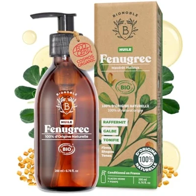 Image de Bionoble Huile de Fenugrec Bio 200ml pour Grossir Poitrine et Fesses Bouteille en Verre + Pompe Macérât Huileux Tournesol Sans Odeur Bio, Vegan Naturelle