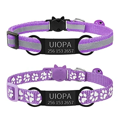 Image de Uiopa 2pcs Collier Chat Personnalisable + Medaille avec Gravure, Anti Etranglement Clochette, Chaton Naissance Reglable 19 32cm pour Chaton, Chiot (Violet)