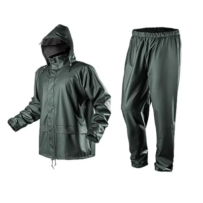 Image de NEO TOOLS Ensemble de pluie chaud pour homme en PU PVC, imperméable à capuche et pantalon pluie, taille M 3XL, coutures collées, fermetures éclair poches étanches, ouvertures ventilation,
