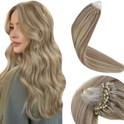 Image de LaaVoo Extensions Loop Vrais Cheveux 50g/50s 14Pouce/35cm Pre Bonded Micro Link Extension A Froid Highlight Brun Clair Mixte Blond Ring Remy Hair #P8/24