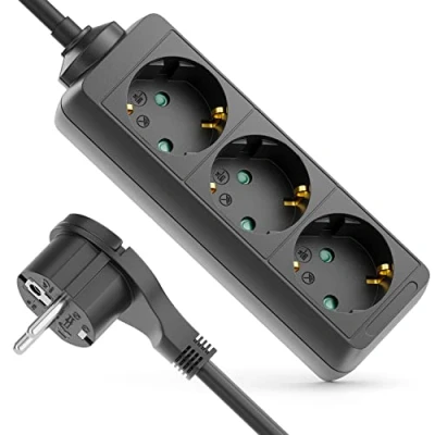 Image de deleyCON Multiprise à 3 Compartiments avec Fiche Plate Barrette d&#039;alimentation pour Usage Intérieur Câble de 5m Contact Plat Boîtier en Plastique Robuste Noir