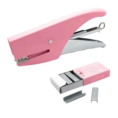 Image de agrafeuse manuelle, à main, en acier pour bureau, école et maison, 1000 petits trombones 6/4 inclus, point fermé, poignée caoutchouc antidérapant (pinceuse, rose)