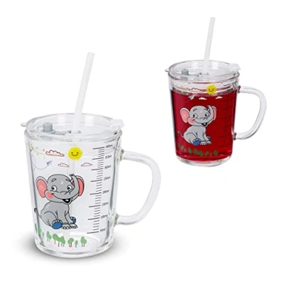 Image de Relaxdays Verre pour Enfant en Lot de 2, Motif d&#039;éléphant, avec Anse, Couvercle et Paille, 400 ML gradué, Transparent