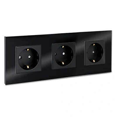 Image de Navaris Prise de courant Schuko murale Triple avec terre encastrable design cadre en verre électrique standard noire