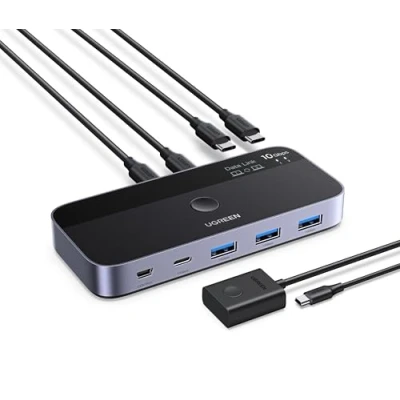 Image de UGREEN Switch USB C 3.2 10Gbps Commutateur pour 2 PC Entrées 4 Sorties Synchronisation de Fichiers Clavier Souris avec Contrôleur du Bureau et Câbles Inclus