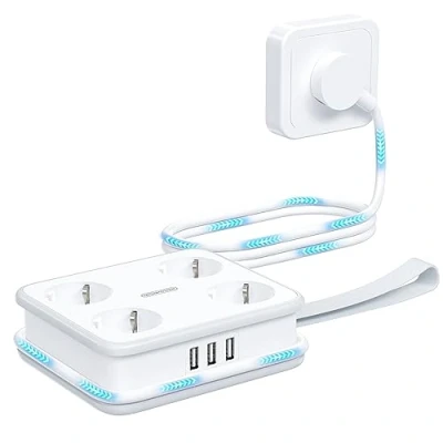 Image de Multiprise Electrique USB 4 Prises avec 3 A NTONPOWER 2500W Prise Multiple Sécurité Enfants Power Strip 1,6 Mètre de Montage Mural Support et viss, Blanc