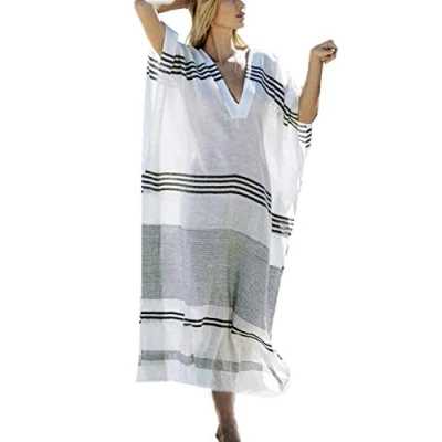 Image de YOUKD Summer Cotton Lâche V Neck Caftan Boho Bikini de Plage Robe Cache Maillot Grande Taille pour Femme