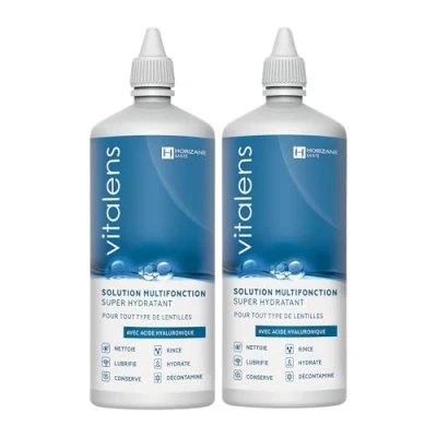 Image de VITALENS Produit multifonction pour lentilles de contact souples Décontamine, nettoie, rince, déprotéinise, hydrate et conserve Solution à l’acide hyaluronique Format voyage / 2x50ml