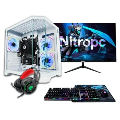 Image de NitroPC Pack Bronze PC Gaming Complet (AMD Ryzen 5 4650G 6/12 4,2 GHz, RX Vega 7, RAM 16 Go, M.2 1TB, Windows 11 WiFi, écran 24&quot;, Clavier, Souris, écouteurs) Ordinateur de Bureau (Blanc)