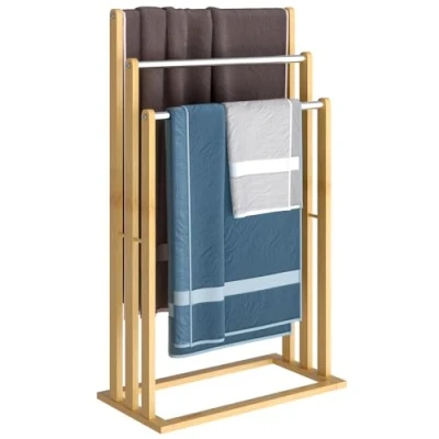 Image de Porte serviettes en bambou sur pied avec 3 barres Support pour Étagère de salle bain