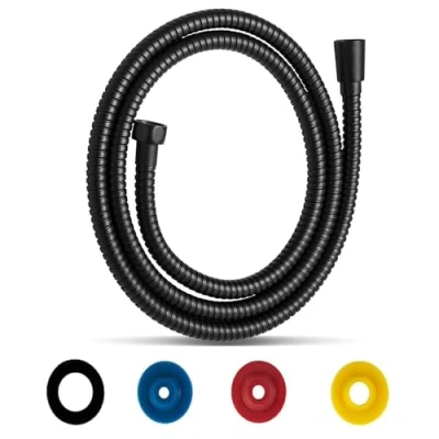 Image de Flexible de Douche Universel 1,5M/59IN Noir Tuyau en Acier Inoxydable, Raccord Fileté G1/2&quot; Douchette avec 4 Limiteur Débit d&#039;eau