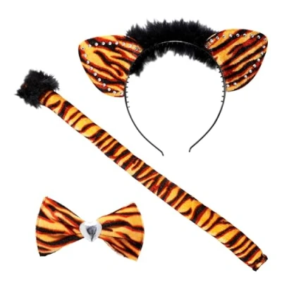 Image de WIDMANN MILANO PARTY FASHION 8738E Set de déguisement tigre, oreilles, nœud papillon et queue, animal, fauve, fête à thème, carnaval