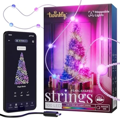 Image de Twinkly Strings Pearls 100 LED, Guirlande Lumineuse en Forme de Perle, Fil LED Multicolore RGB, Compatible avec Alexa, Google Home, Lumières Gaming, Alimentation USB C, Transparent, 6m