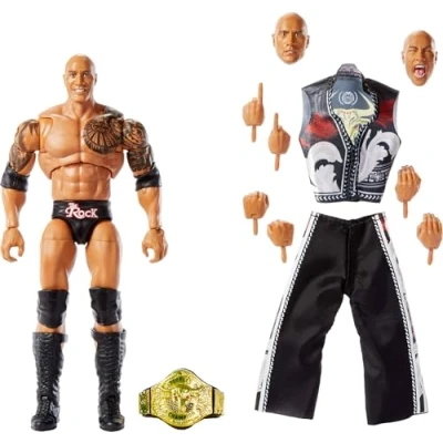 Image de Mattel WWE Ultimate Edition Figurine et accessoires, 15,2 cm The Rock Ensemble de collection Têtes mains interchangeables, 30 points d&#039;articulation