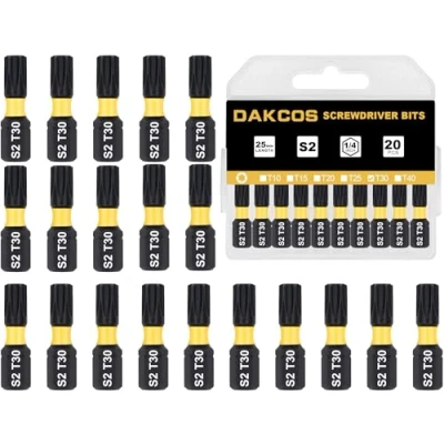 Image de DAKCOS T30 Bit, Torx Bit T30, assortiment d&#039;embouts en S2, embout de vissage 1/4 tige hexagonale (longueur : 25 mm, 20 pièces)