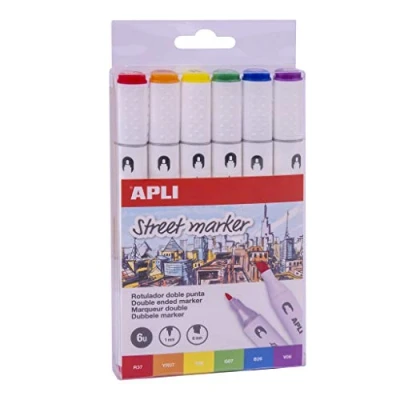 Image de Apli 18431 Lot de 6 feutres Street Marker à double pointe (ronde 1 mm et biseauté mm) couleurs assorties. Rouge/Orange/Jaune/Vert Clair/Bleu/Violet