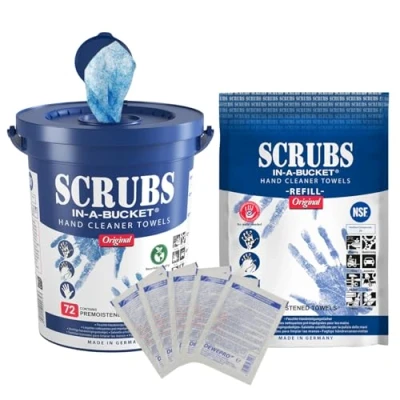 Image de SCRUBS in a bucket avec recharge durable de 72 lingettes nettoyage pour les mains et 5 brosses Dewepro® SingleScrubs