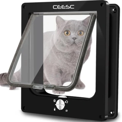 Image de CEESC Chatière pour Chat, Imperméabiliser avec verrou Rotatif à 4 Voies Petit Chien, Facile Installer et Utiliser, Version améliorée (XL, Noir)