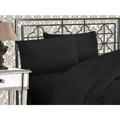 Image de Elegant Comfort Parure de lit Douce 4 pièces à Contexture 1500 Fils avec Broderie Trois Lignes, résistante aux Plis et la décoloration, pour Simple/lit Simple XL, Noir