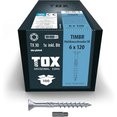 Image de TOX vis TIMBR SK 6,0 x 120 mm, zinguée bleue à tête fraisée, TX30, pour vissage léger et montages fleur dans la construction en bois, 100 pièces un carton, 1x embout inclus, 1120404160120