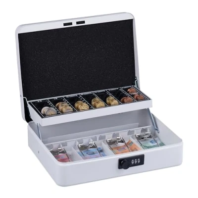 Image de Relaxdays Caisse à Monnaie, Pratique, Combinaison 3 Chiffres, en Fer, H x L P : 8,5 30,5 25 cm, Blanche