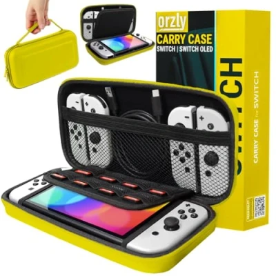 Image de Orzly Etui Rigide en EVA pour Nintendo Switch Housse de Rangement Zippée Matériau Durable Anti Choc la Console et Ses Accessoires Jaune