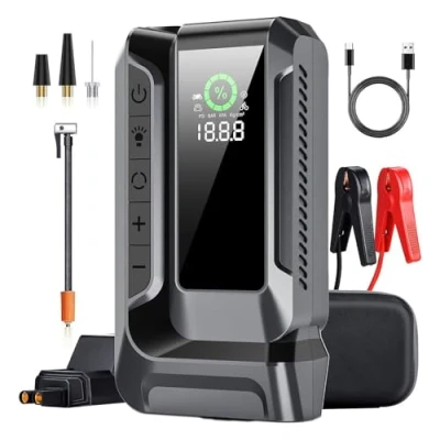 Image de Booster Batterie Voiture 4000A, Démarreur de Portable 150PSI (Jusqu’à 10.0L Essence/8.0L Gazole), avec QC3.0, Grand éCran, Lumière LED à 3 Modes, Pinces Intelligentes