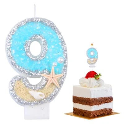 Image de 7.5cm Bougie Chiffre,Bougie Chiffre Anniversaire,Bougie Anniversaire,3D Chiffre,Décoration de Gâteau Pour Anniversaires,Fêtes,Thème Océan étoile Mer Plage, (Numéro 9)