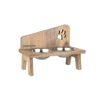 Image de Feliformia® Gamelle pour Chat 600ml Support en Bois avec Deux Bols Surélevée Acier Inoxydable