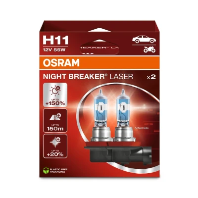 Image de OSRAM NIGHT BREAKER LASER H11, +150% de luminosité en plus, lampe phare halogène, 64211NL 2HB, 12V, Boîte pliante suspendue (2 lampes)