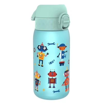Image de Ion8 Gourde Enfant, 350ml, Anti Fuite, Facile à Ouvrir, Verrouillage Sécurisé, Lavable en Lave Vaisselle, Sans BPA, Poignée de Transport, Nettoyer, Carbone Neutre, Motif Robots