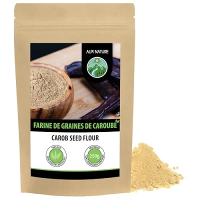 Image de Gomme de caroube (250g), poudre légère convenant comme amidon, entièrement naturelle et végétalienne, doucement séchée moulue,