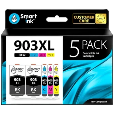 Image de Smart Ink Cartouche d’Encre Compatible pour HP 903 XL 903XL 5 Pack (2 Noir &amp; Cyan Magenta Jaune) avec Système de Puce Avancée Officejet 6950 All in One Pro 6960 6970
