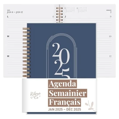 Image de Rileys &amp; Co 2025 Planificateur Agenda Mensuel et Hebdomadaire, Couverture Flexible, Reliure à Double Spirale, Pages de Notes, 8 x 6 pouces (20,3 15,2 cm), Bleu Calendrier en Français