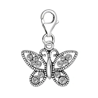 Image de Quiges Charm Pendentif Breloque avec Fermoir Femme Plaqué Argent Papillon en Zircone Blanche