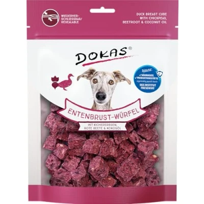 Image de DOKAS Cubes de Canard Friandises superaliments qualité supérieure pour Chiens à Base magret avec Pois Chiches, betteraves Rouges et Huile Coco 1 x 150 g