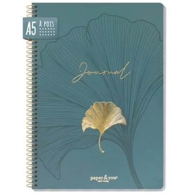 Image de paper&amp;you® Bullet Journal à pois A5 avec reliure spirale « Blue Ginkgo » 160 pages Carnet spirale, bloc notes durable et respectueux du climat