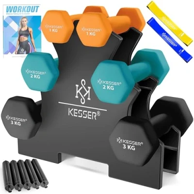 Image de KESSER® Lot de 3 paires d&#039;haltères courts 1 kg à 5 kg, 12 ou 18 avec support rangement, salle gym, musculation, en néoprène antidérapant, livret d&#039;exercices, 2 bandes fitness