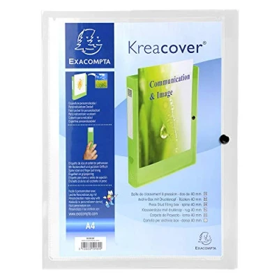 Image de Exacompta Réf. 59988E 1 boite de classement avec fermeture à pression Kreacover personnalisable sur face en polypropylène translucide dos 4 cm dim 25 x 33 pour A4 couleur incolore