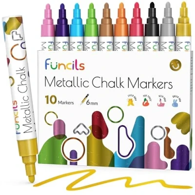 Image de Funcils marqueurs Craie Liquide Métallique pour tableaux, fenêtres, étiquettes, bistro, verre, voiture (10 pièces, 6mm) Encre effaçable à l&#039;eau, pointe réversible, tableau noir