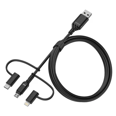 Image de OtterBox Cable Renforcé 3 en 1 avec connecteur USB A, C et Lightning, Câble de charge pour smartphone tablette, ultra robuste, résiste aux torsions pliages, 1M, Noir