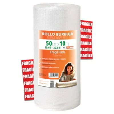 Image de OFITURIA papier Bulles emballage 50cm x 10m Pack Fragile avec 12 Étiquettes “FRAGILE idéal pour colis, bulle déménagement, bubble wrap