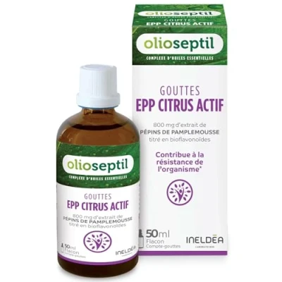 Image de OLIOSEPTIL Extrait de Pépins Pamplemousse en Gouttes Citrus Actif EPP + Plantes Origine 100% Naturelle Contribue à la Résistance l&#039;Organisme Flacon 50 ml