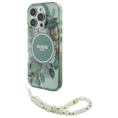 Image de Étui Guess pour iPhone 16 Pro Max 6.9 vert étui rigide IML Flowers With Pearl Strap MagSafe Neuf