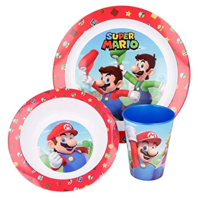 Image de Stor Ensemble de Vaisselle réutilisable pour Enfants et Micro Ondes composé d&#039;un Verre, d&#039;une Assiette Bol Super Mario