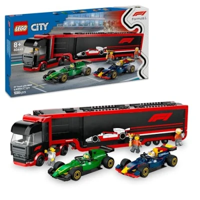 Image de LEGO City Camion de F1 avec voitures RB20 et AMR24 Transporteur pour véhicules Red Bull &amp; Aston Martin 2 pilotes un simulateur course Cadeau garçons filles dès 8 ans 60445