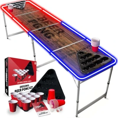 Image de Beer Pong® Table Lumineuse avec Néons Rouges et Bleus + 22 Cups 2 Racks 4 Balles Pliable Transportable Revêtement Etanche Anti Rayures Jeu de Biere Pong